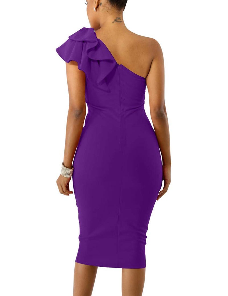 Mokoru Women's Sexy Ruffle One Shoulder Bodycon Elegant Cocktail Party Midi Dresses, Medium, Purple - Image 3